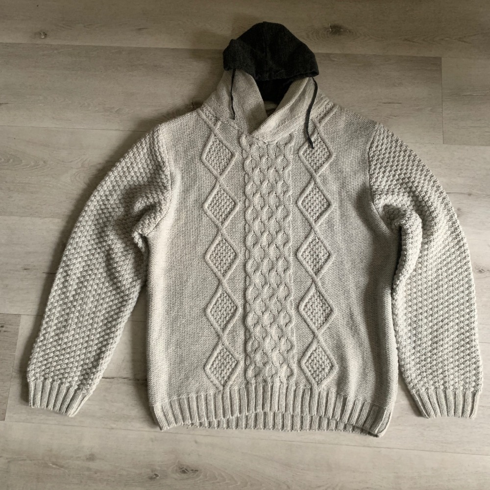 7 Diamonds Cable Knit Hoodie Sweater Cream‎ Grey Shawl Neck XXL Mens Womens